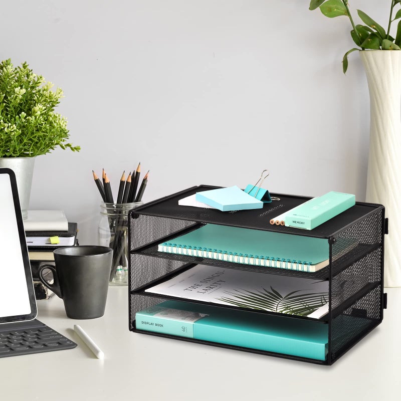 EASEPRES 3 Tier Mesh Desk Organizer Tray, File Paper Letter Folder Holder Desktop Paper Sorter Mail Organization Rack Storage Accessories, for Office Home School Classroom, Black - Image 2